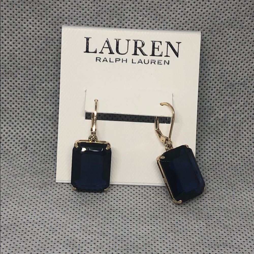Lauren Ralph Lauren gold plated blue emerald look gemstone dangling earrings new